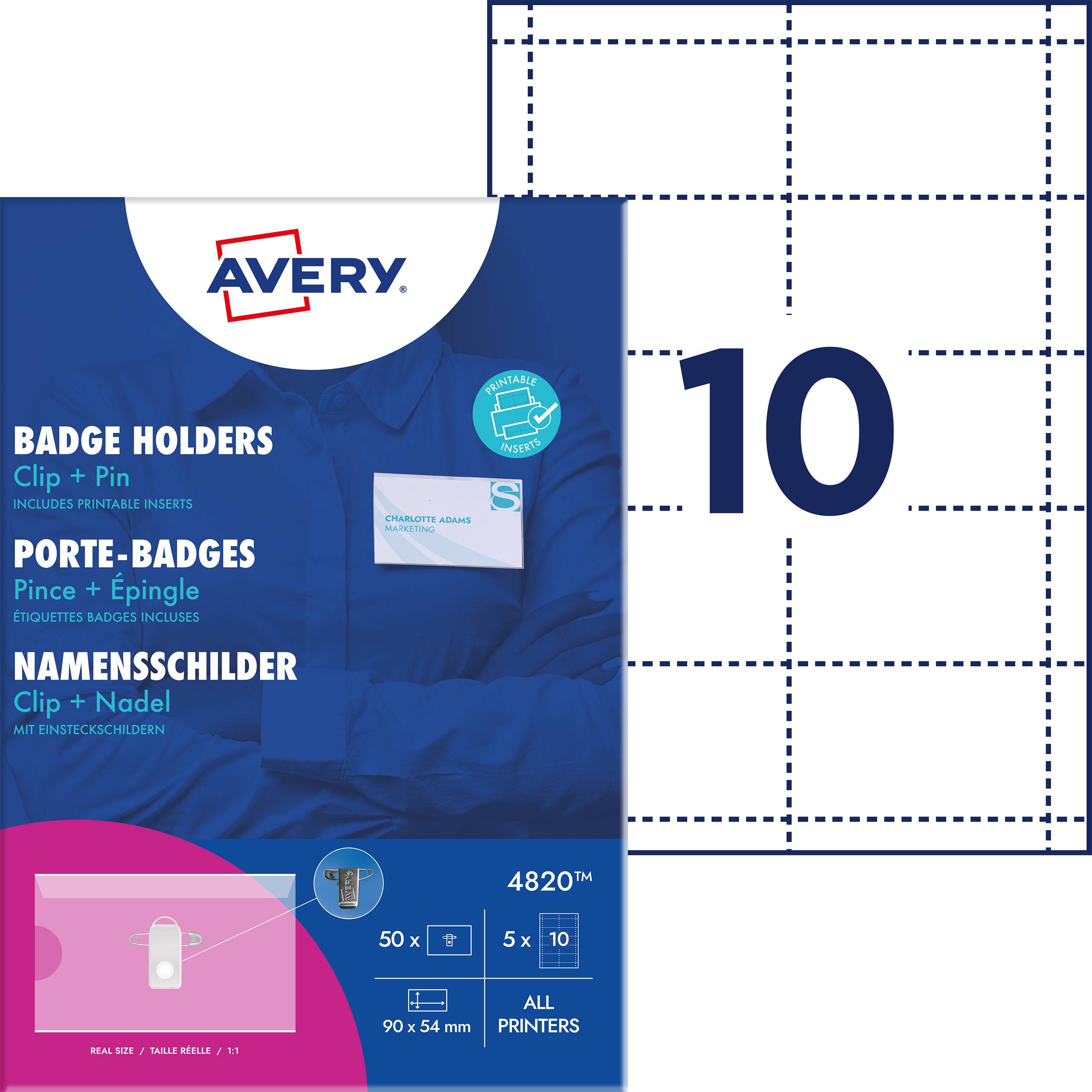 Jmenovkový set od Avery pro 50 průkazů, 90 x 54 mm, vhodný pro všechny tiskárny, s upínacím a jehovým uchycením, vícejazyčný obal.