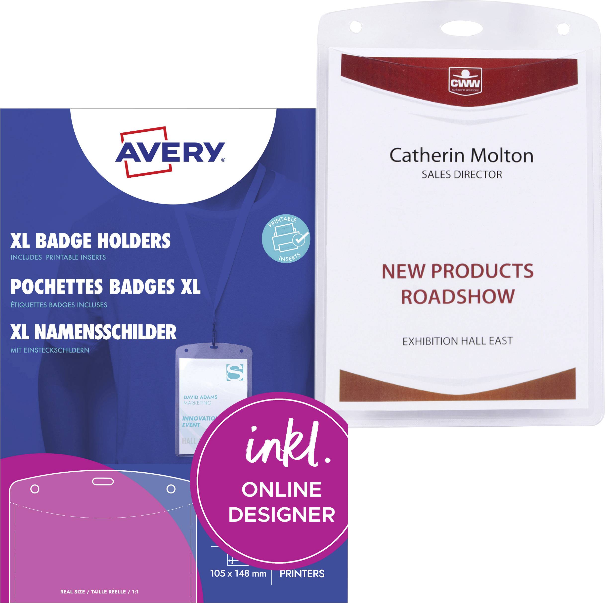 'Velké visačky Avery XL a Pochette Badges XL' balení, s ukázkovou visačkou s textem 'Catherin Moltonová, ředitelka prodeje, Prezentace nových produktů, Východní výstavní hala.'