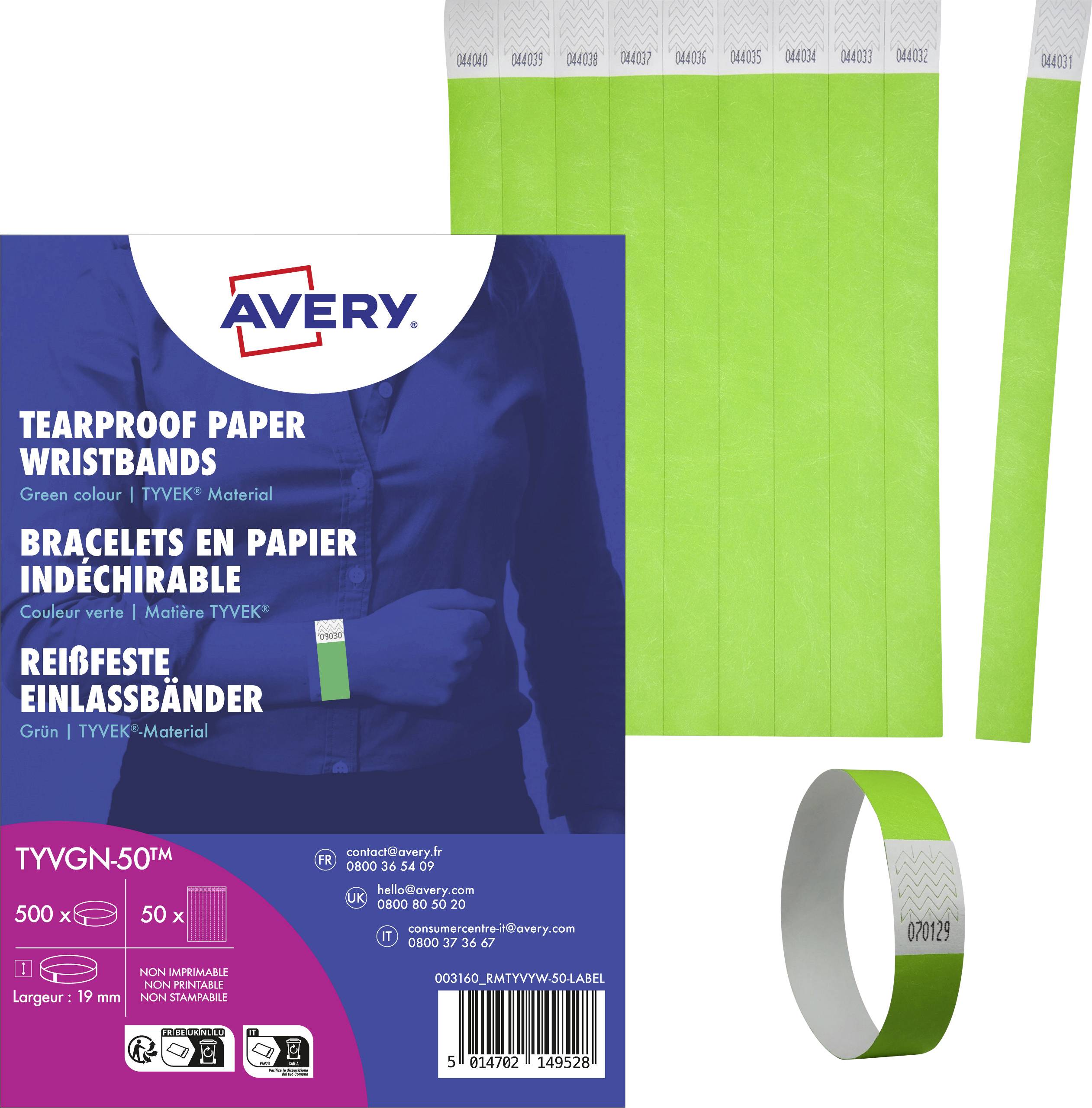 Balení papírových náramků Avery odolných proti trhání, zelené barvy, s pruhem vyříznutých náramků. Obsahuje detaily produktu a čárové kódy.