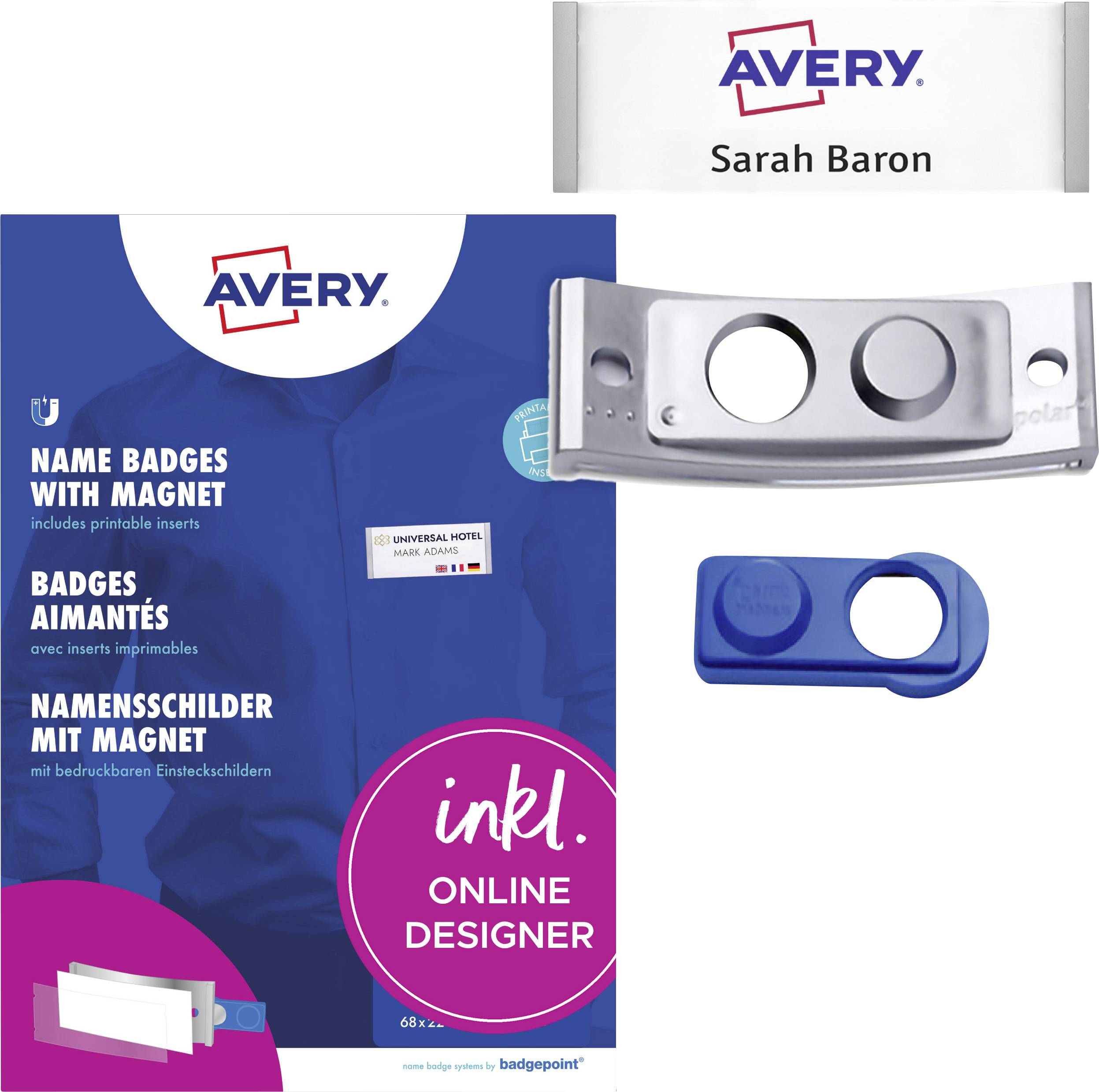 Sada magnetických jmenovek Avery s možností online designu, zobrazující příklady přizpůsobitelných odznaků a magnetické zadní strany v stříbrné a modré barvě.