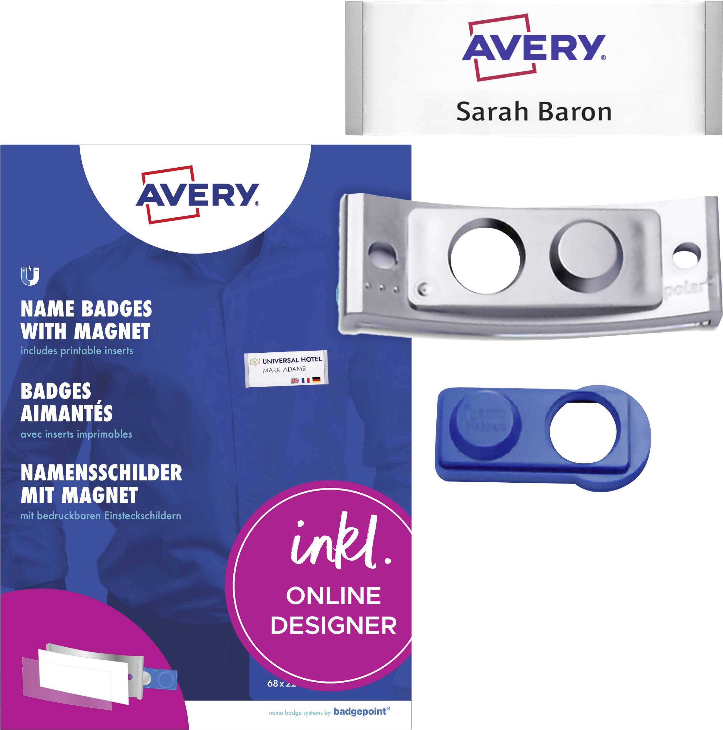 Obrázek ukazuje sadu jmenovek značky Avery s magnetickým upevněním a možností online návrhu. Štítky jsou vytištěny se jménem "Sarah Baron".