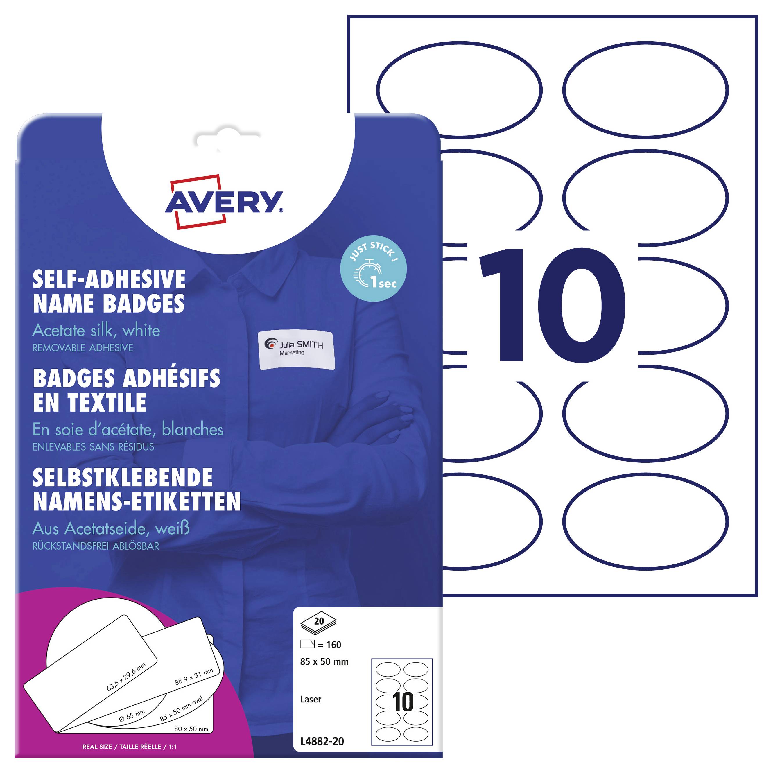 Samolepicí jmenovky Avery, bílé, vhodné pro textil. Obsahuje 10 oválných štítků, ideálních pro akce a konference.