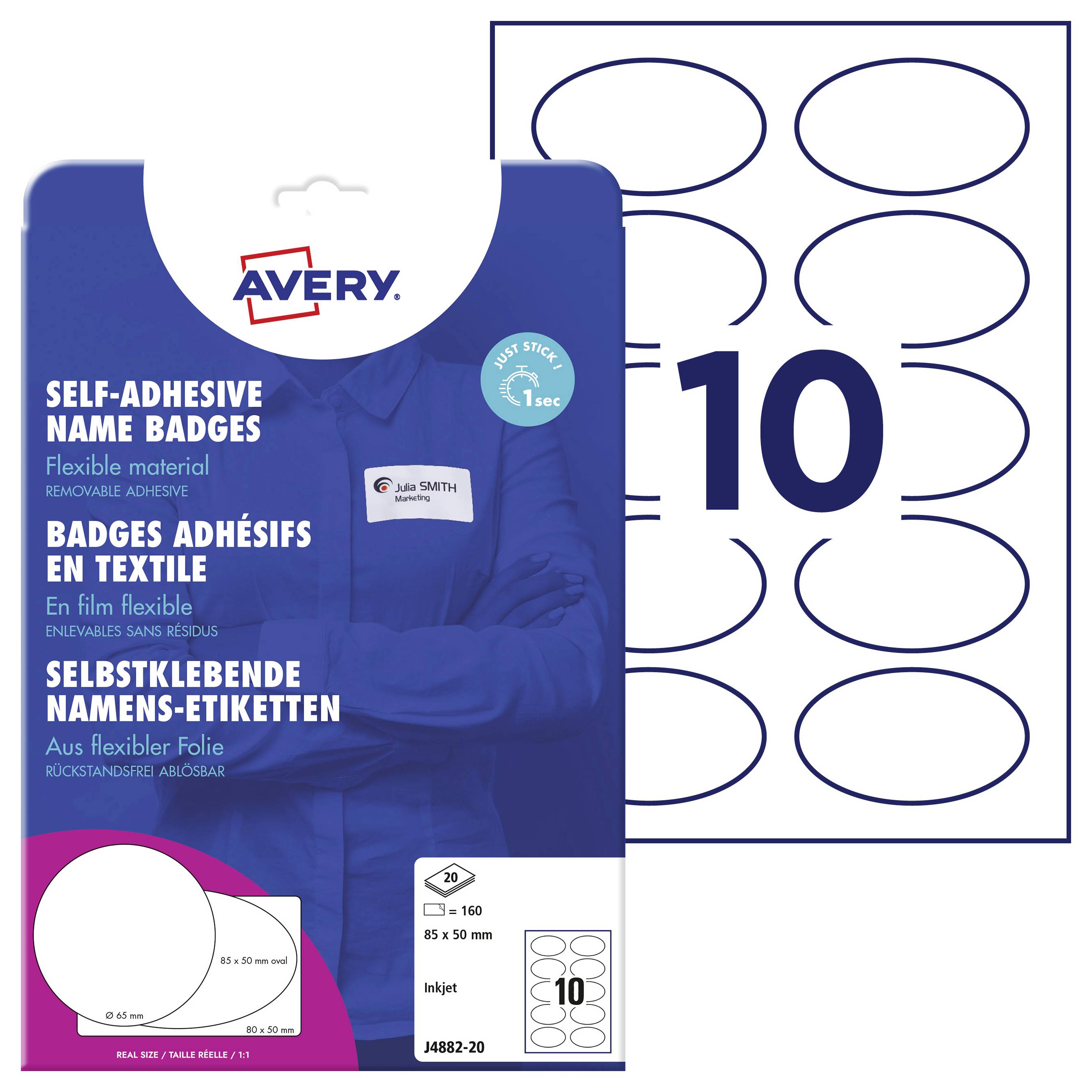 Samolepicí jmenovky Avery, flexibilní a tisknutelné, 85 x 50 mm, 160 kusů, s oválným designem.