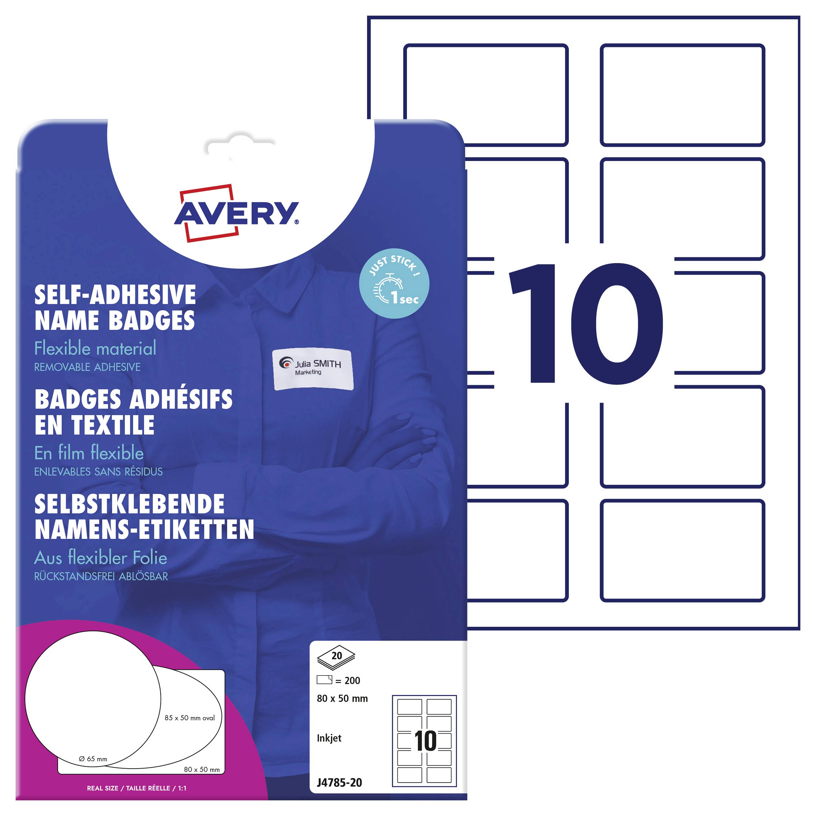 Balení samolepicích jmenovek značky Avery. Obsahuje 200 etiket o rozměrech 80 x 50 mm na flexibilní fólii.