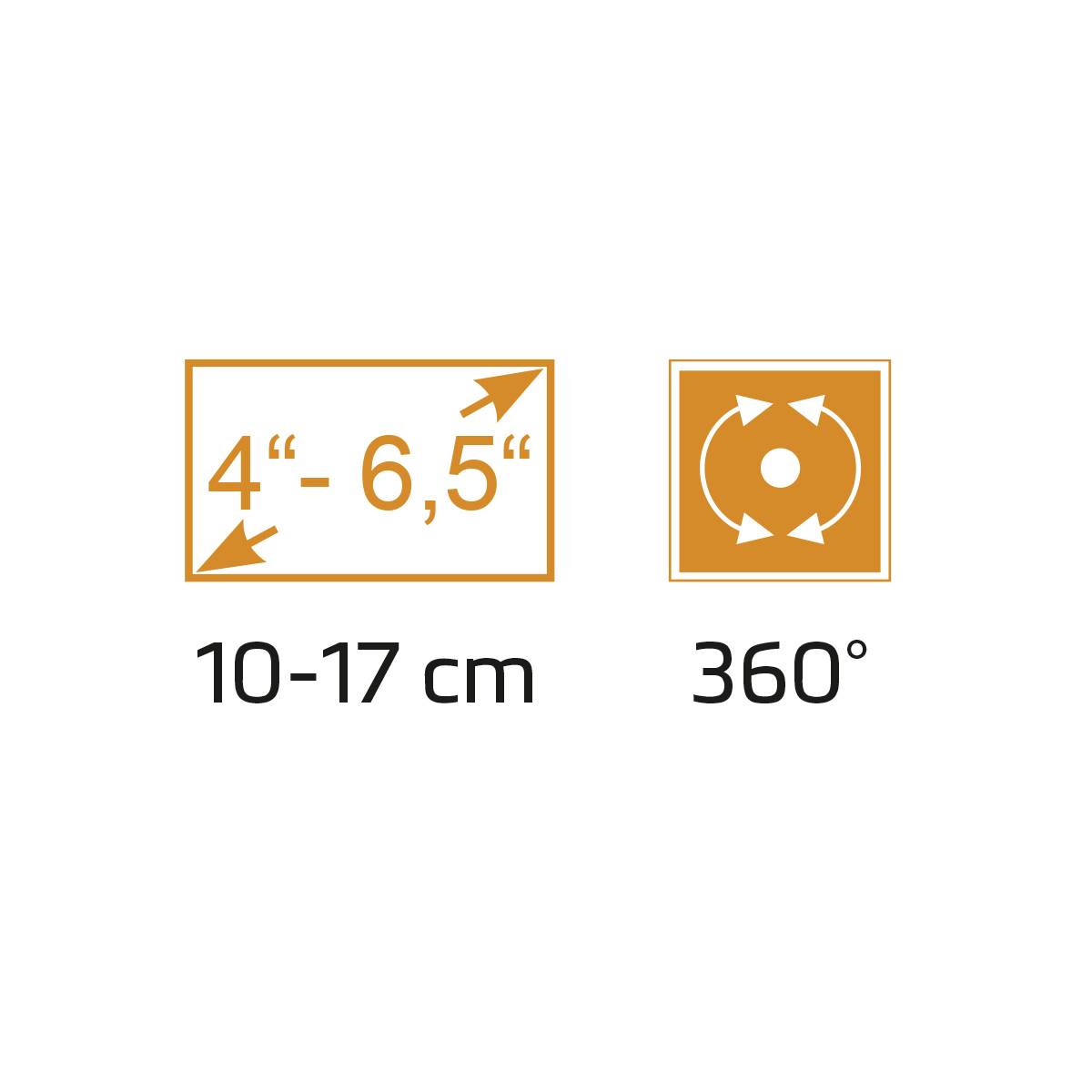 4"-6,5" velikost obrazovky, 10-17 cm upevňovací velikost, symbol 360° otočnosti. Vhodné pro flexibilní držáky zařízení.