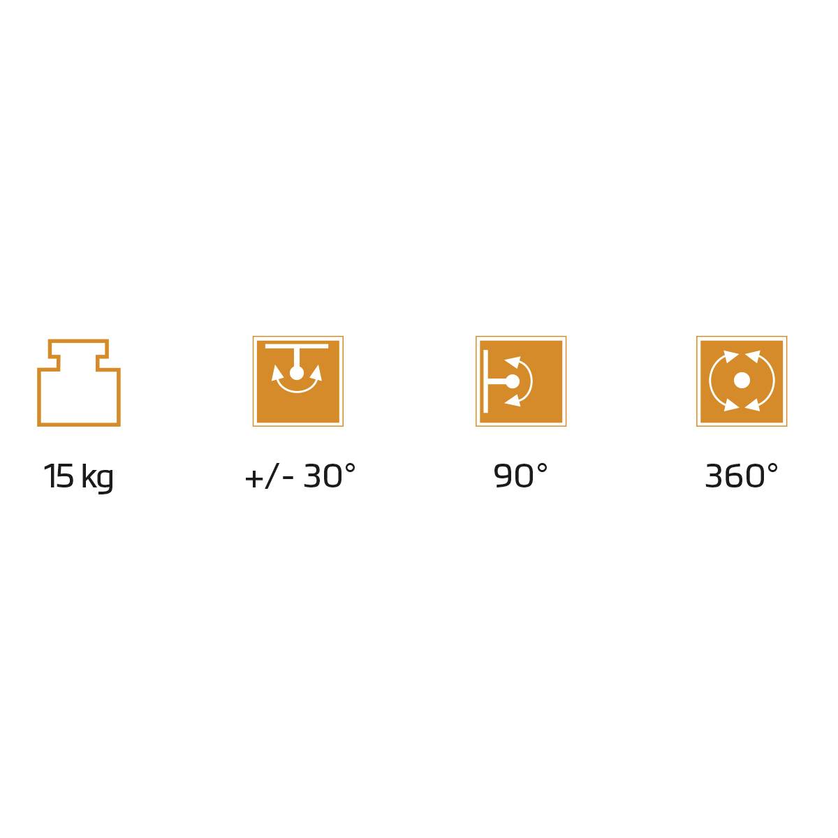 Symboly pro technické vlastnosti: Maximální hmotnost 15 kg, úhel otočení plus/minus 30°, vertikální rotace 90°, horizontální rotace 360°.