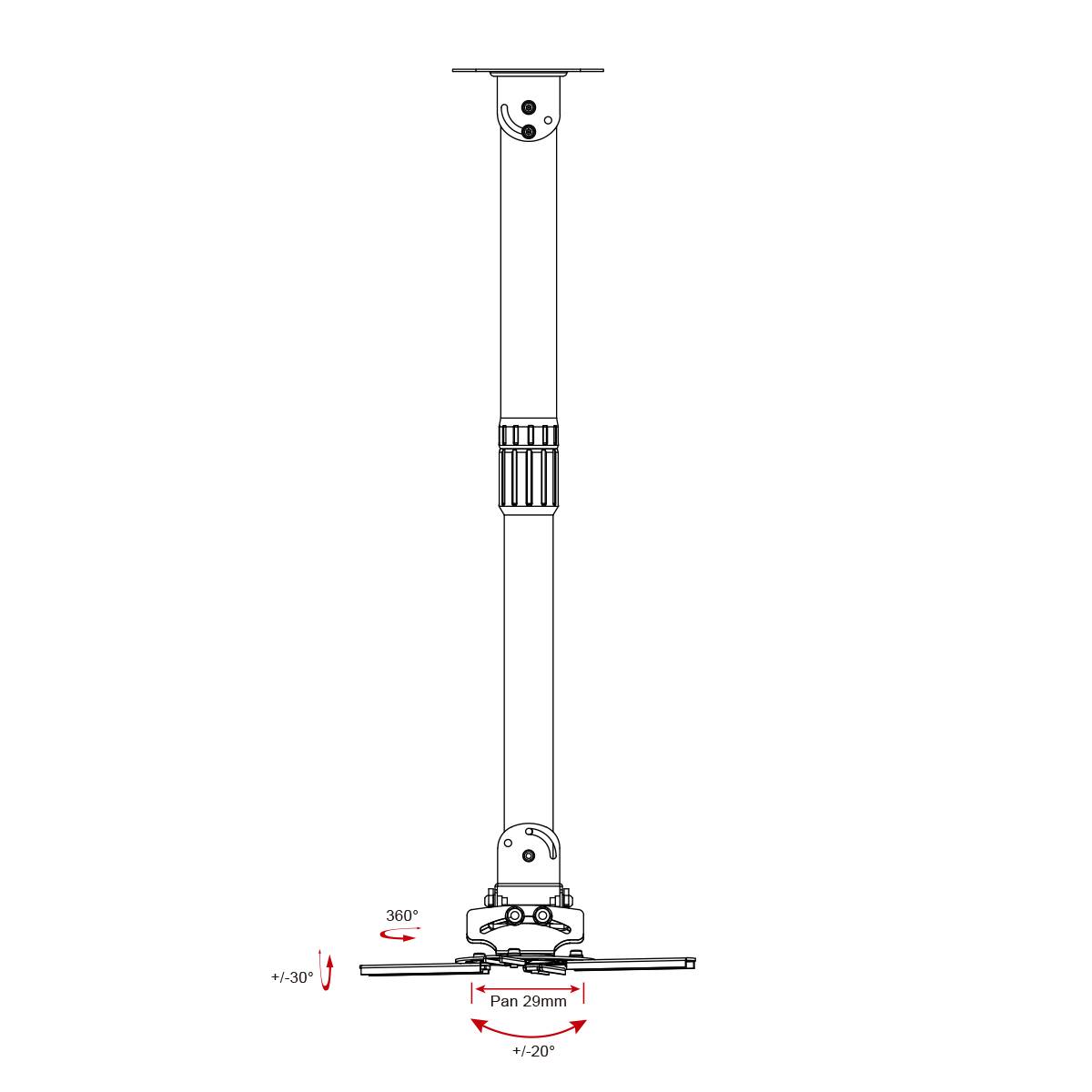 Diagram montážního držáku na stropě zobrazuje nainstalovanou tyč s funkcemi otáčení a naklápění. Jsou zde vyznačeny rozsahy pohybu.