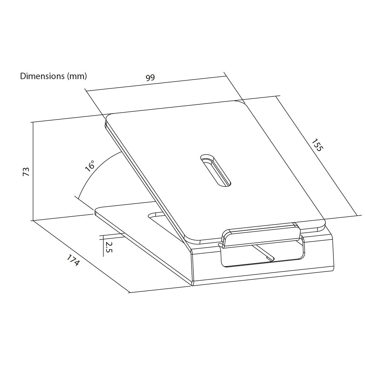 Náčrt stojanu na notebook s rozměry: délka 174 mm, šířka 99 mm, výška 73 mm, úhel sklonu 16 stupňů.