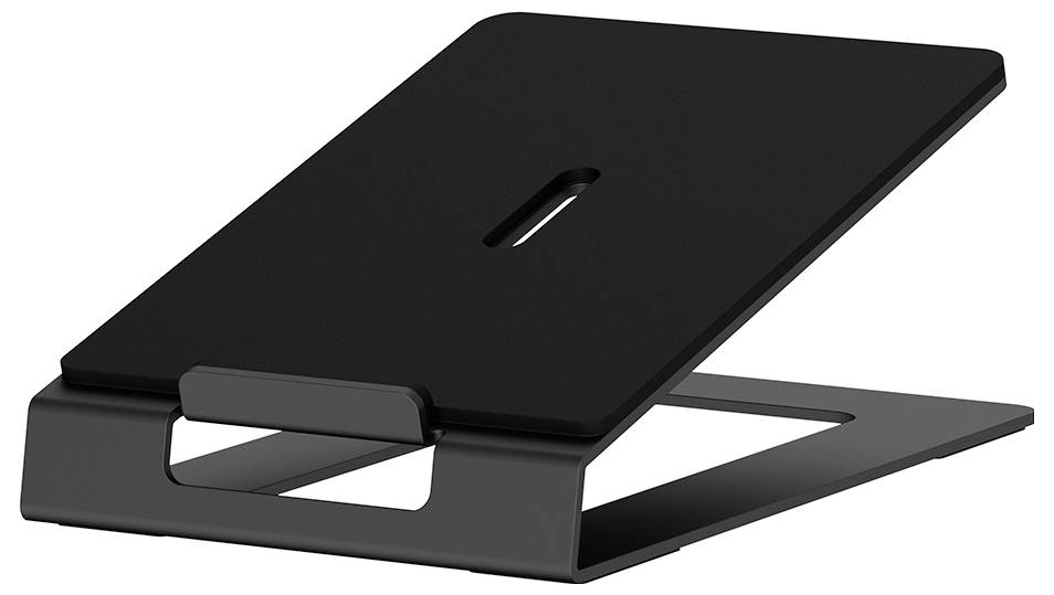 Černený kovový stojan na notebook v úhlovém provedení.