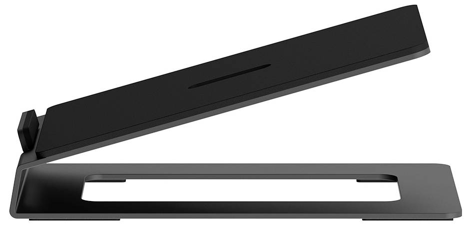 Černý kovový stojan na laptop z bočního pohledu, lehce pootevřený, ukazuje svou štíhlou, minimalistickou konstrukci.