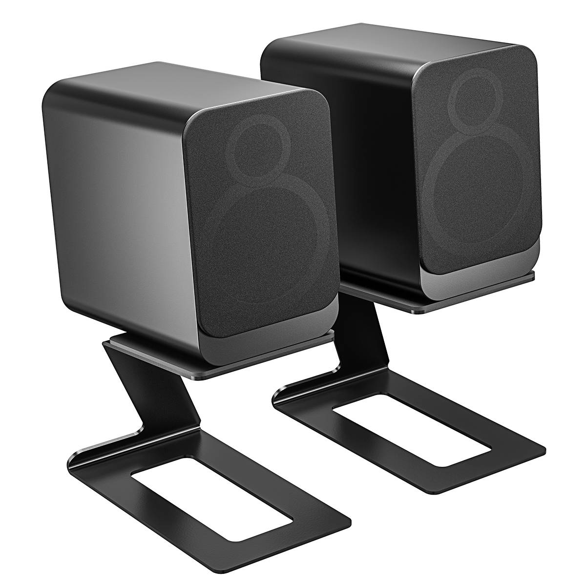 Dva černé reproduktory na kovovém stojanu, které stojí na ploché ploše. Design je moderní a minimalistický.