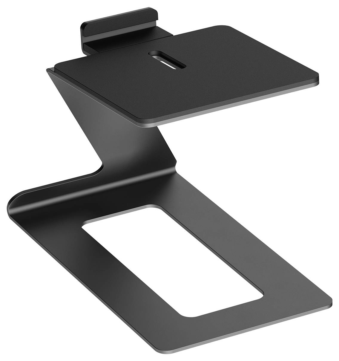 Černený Z-tvarový kovový stojan s drážkami, vhodný pro notebook nebo tablet, elegantní a minimalistický design.