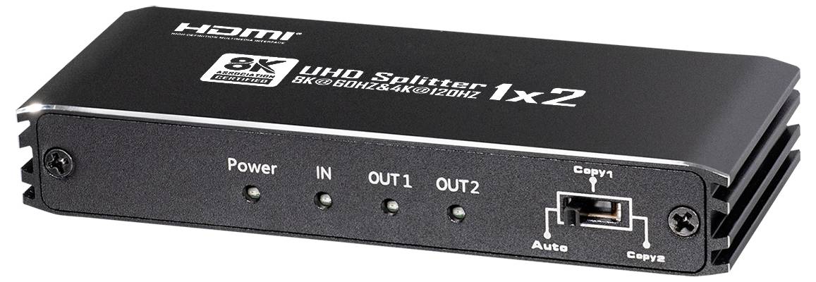 Černý HDMI 8K UHD rozbočovač s nápisem '1x2' zobrazuje konektory a LED kontrolky pro napájení, IN, OUT1, OUT2 a Copy1.
