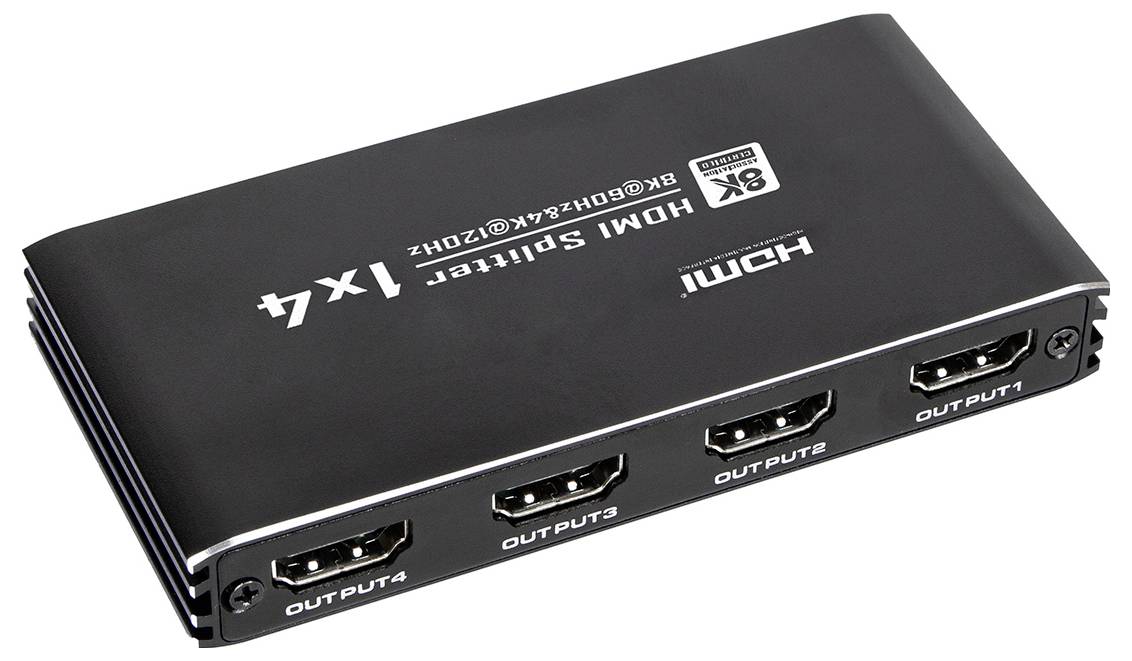 Černý HDMI rozbočovač se čtyřmi HDMI výstupy, označený štítkem 'OUT PUT 1-4', určený pro distribuci HDMI signálu do několika zařízení.