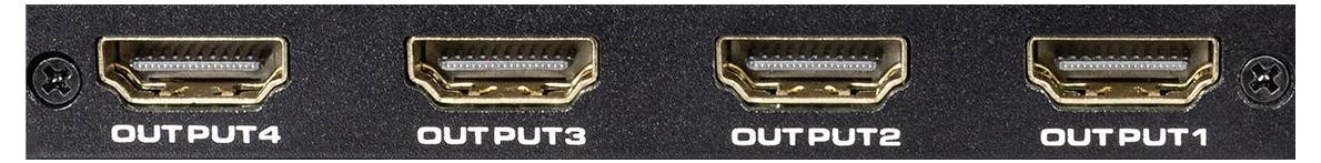 Čtyři HDMI výstupy označené štítky 'OUTPUT1' až 'OUTPUT4' na černém zařízení.