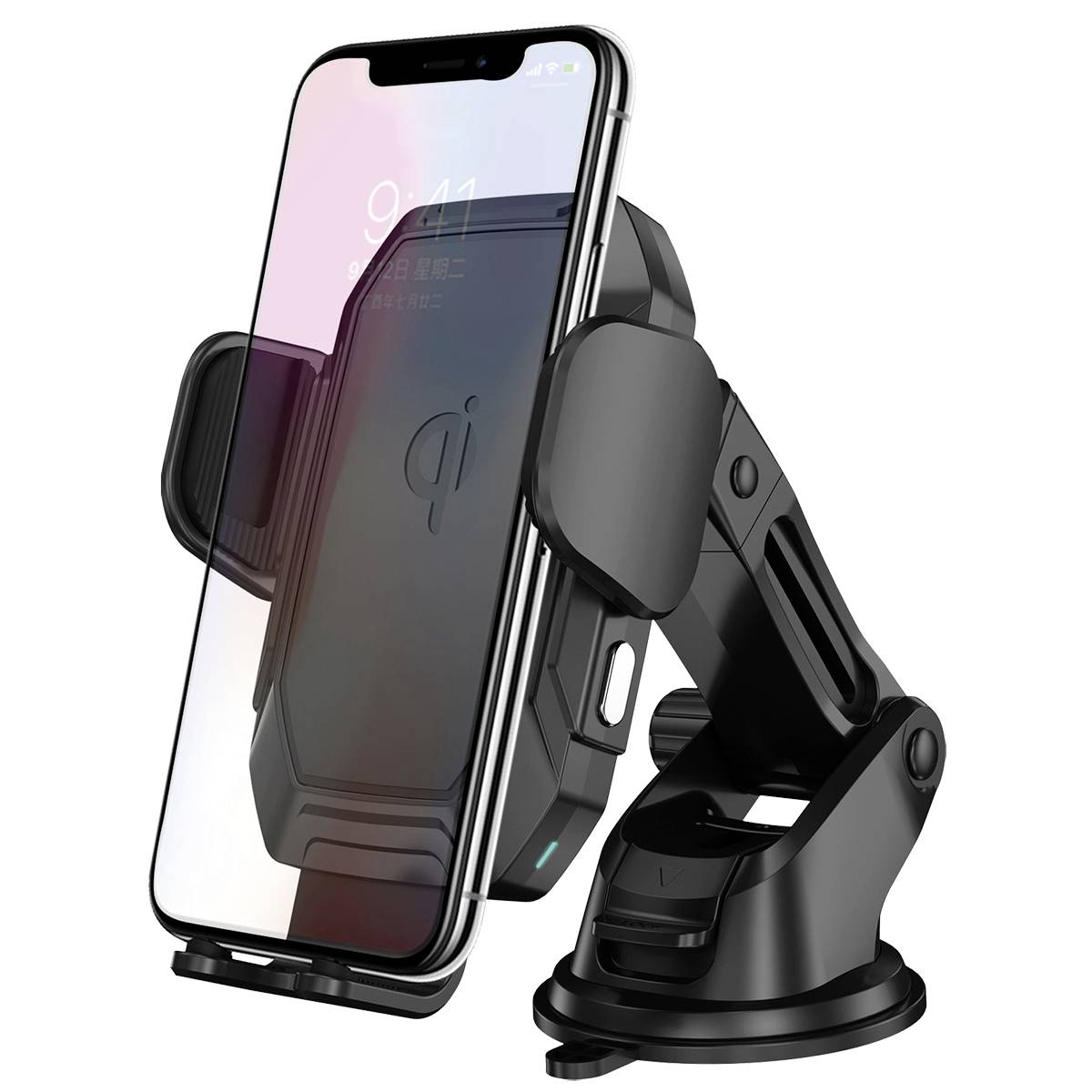 Černý držák na smartphone s nabíjecí základnou, na kterém je smartphone zobrazující čas '9:41'. Součástí je bezdrátové nabíjení.