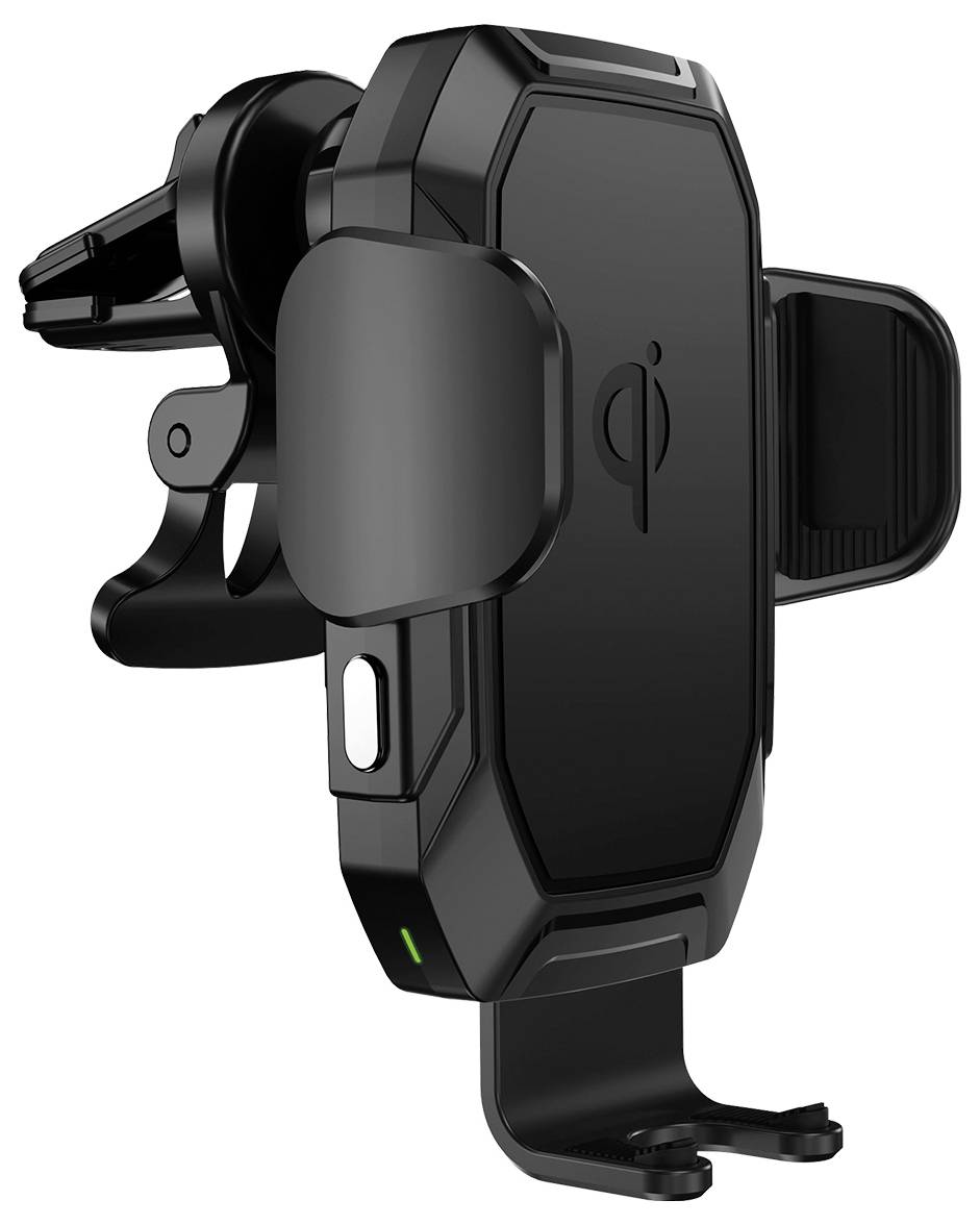 Černý držák mobilního telefonu do auta s bezdrátovým nabíjením Qi,uchycením do ventilační mřížky a nastavitelnými svorkami.