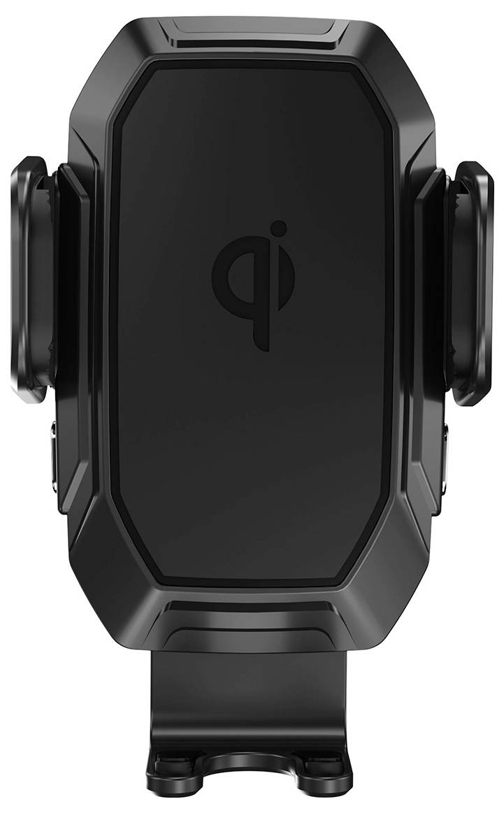 Černý držák na mobilní telefon s logem Qi uprostřed, vhodný pro bezdrátové nabíjení v automobilu.