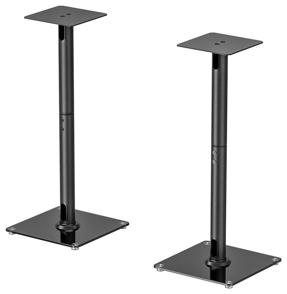 Dva černé reproduktorové stojany z kovu, výškově nastavitelné, s čtvercovými podstavci a deskami, vhodné pro studiové monitory.