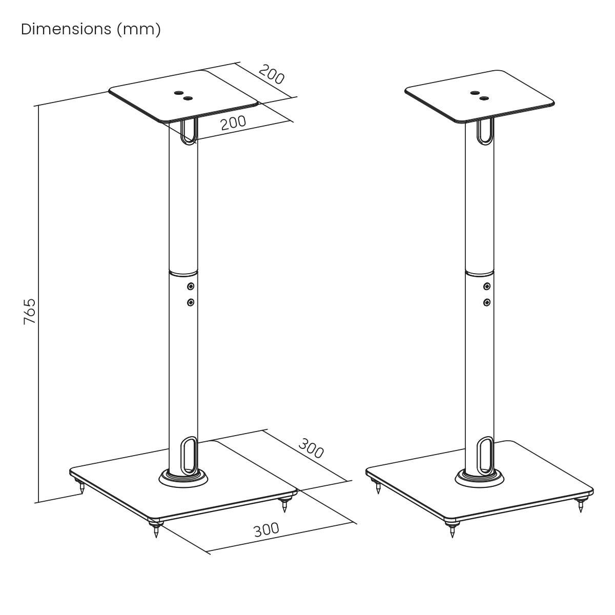 Rozměry (mm): Nákres reproduktorového stojanu. Horní deska 200x200 mm, základna 300x300 mm, výška 765 mm.