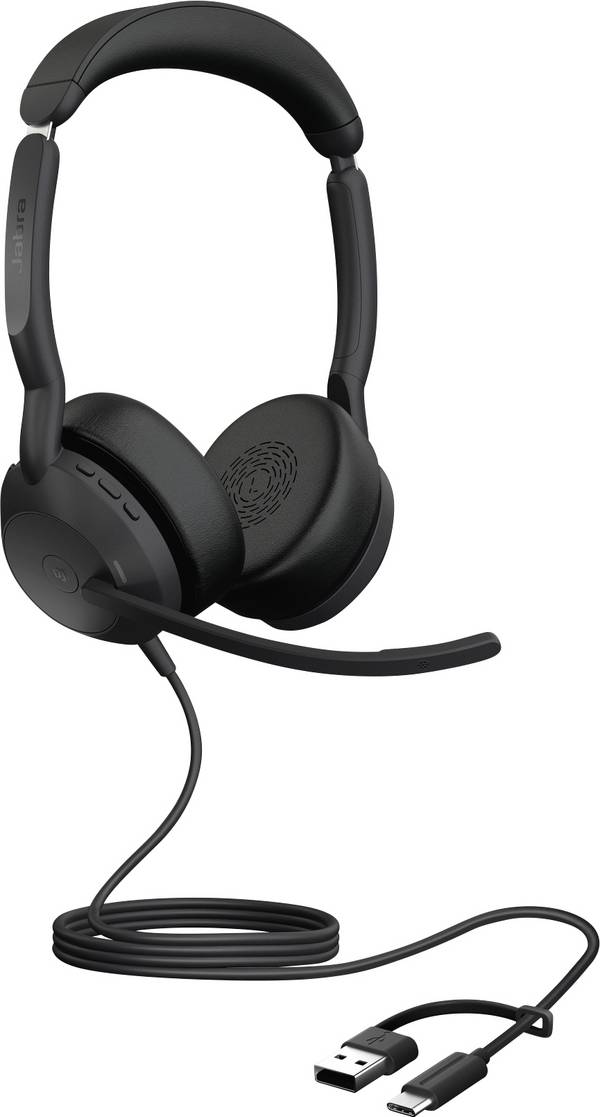 Jabra Evolve2 50  Headset otevřená (On Ear) kabelová, Bluetooth® stereo černá Redukce šumu mikrofonu, Potlačení hluku headset, Vypnutí zvuku mikrofonu, regulace hlasitosti telefon