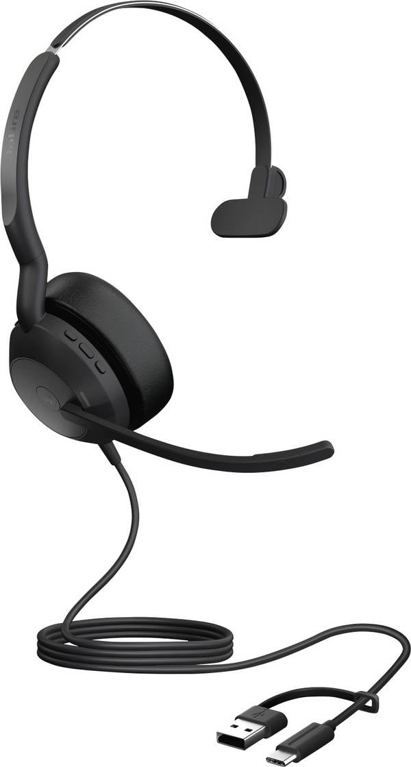 Jabra Evolve2 50  Headset otevřená (On Ear) kabelová mono černá Redukce šumu mikrofonu, Potlačení hluku headset, monofonní, Vypnutí zvuku mikrofonu, regulace hlasitosti telefon