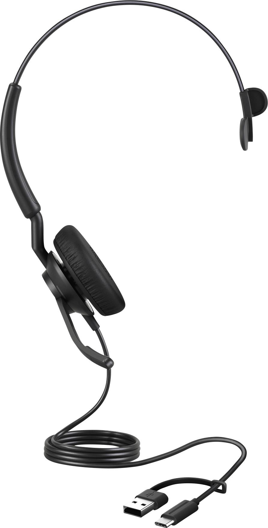 Černá jednostranná headset s USB připojením a flexibilním mikrofonním ramenem. Ideální pro telefonní konference nebo použití s počítačem.