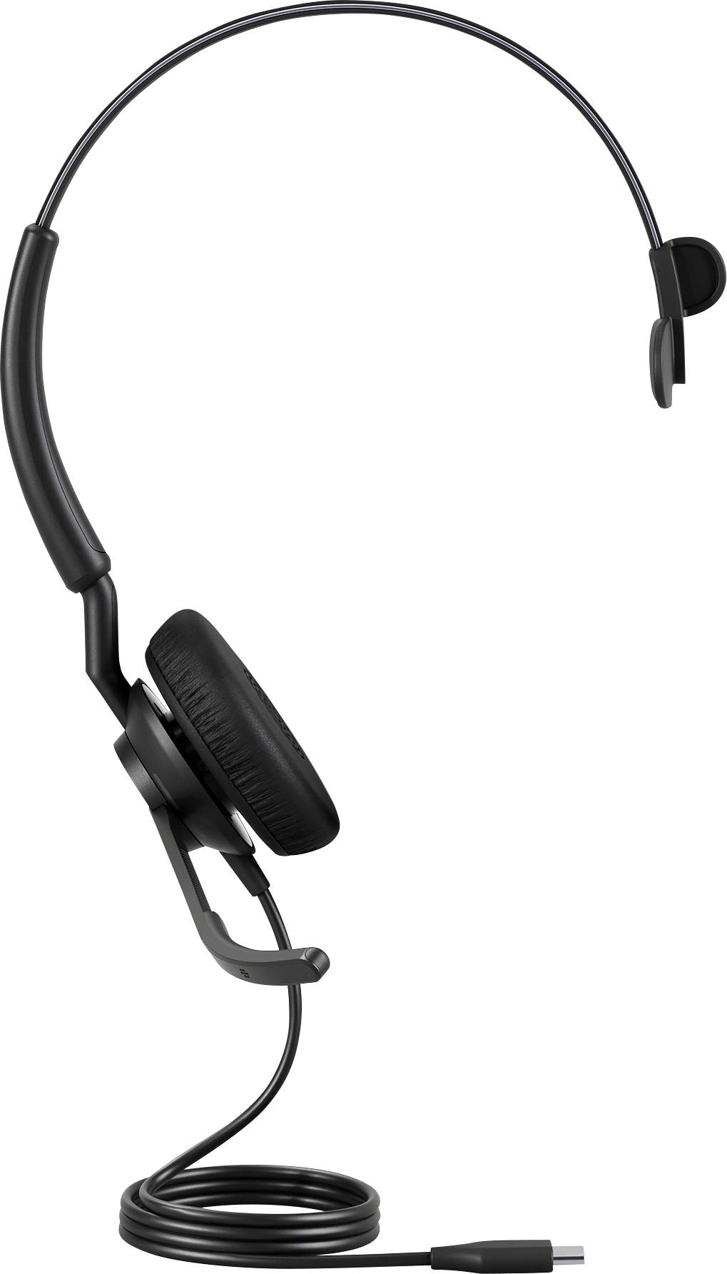 Jednostranná headset se vstupem USB-C. Černý design, flexibilní oblouk s jednou náušní. Vhodné pro hovory a audio.
