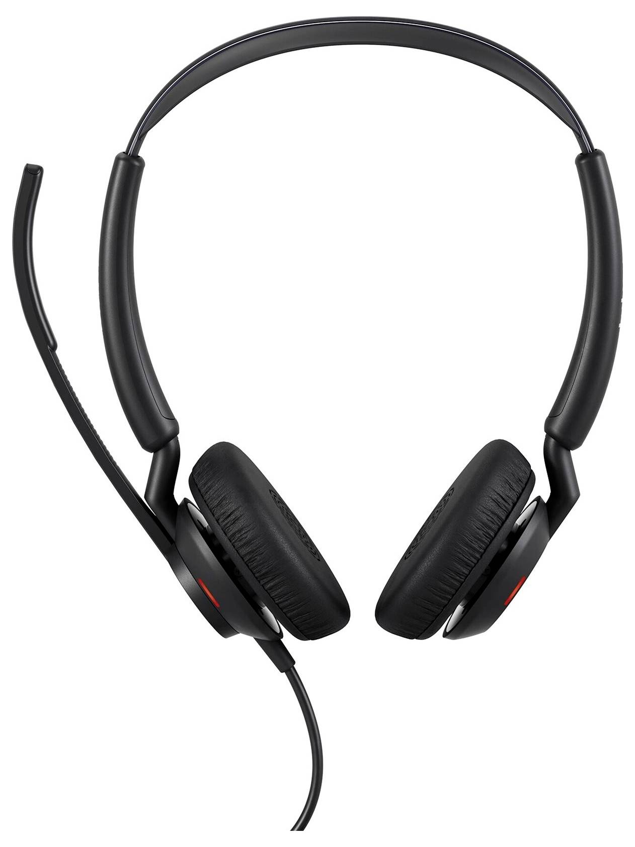 Černý headset s mikrofonním ramínkem, vhodný pro telefonní nebo počítačové použití. Má polstrované náušníky pro pohodlí.