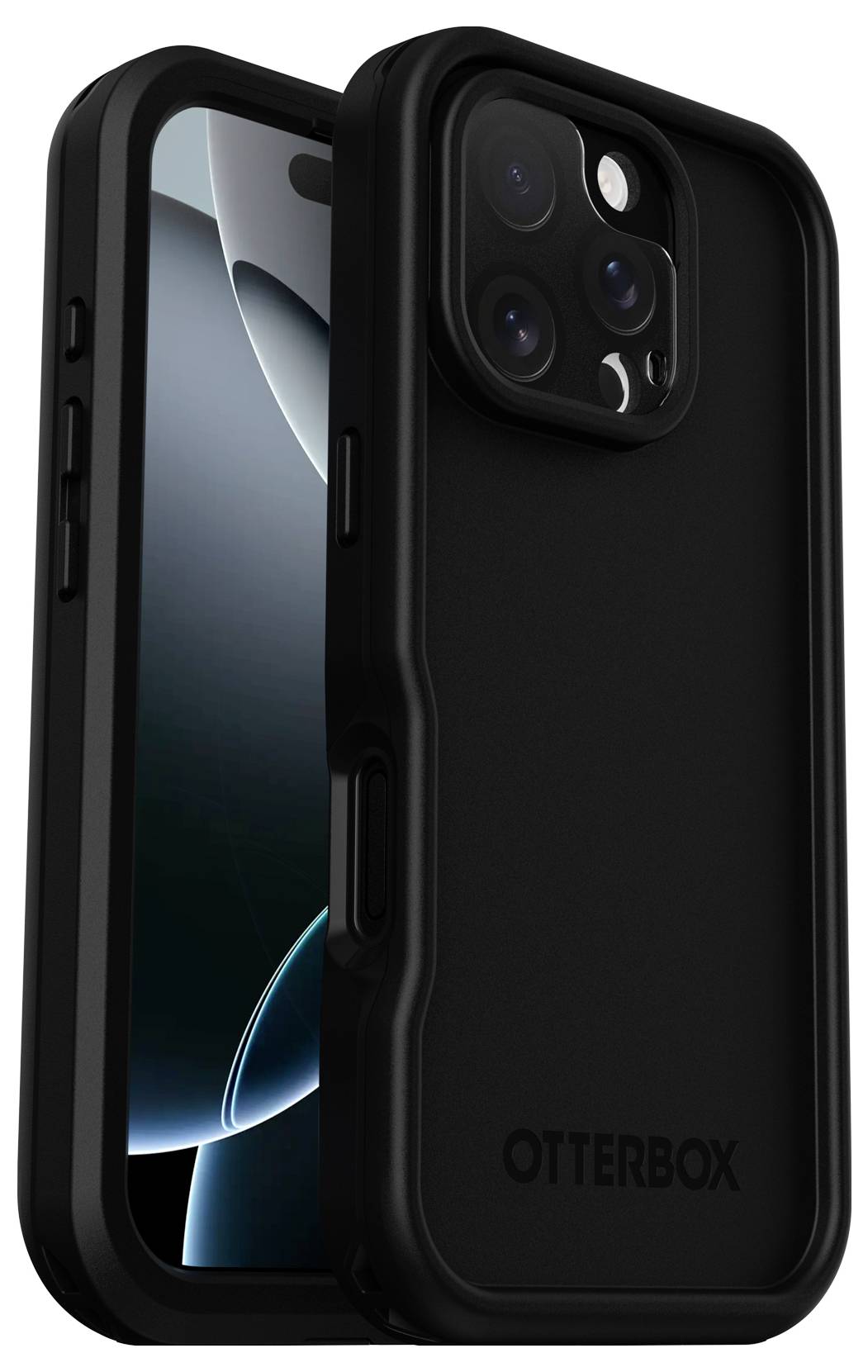 Černý mobilní kryt OtterBox s telefonem, na jehož displeji je zobrazen abstraktní modro-černý obrázek. Čistý otvor pro objektiv, boční tlačítka.