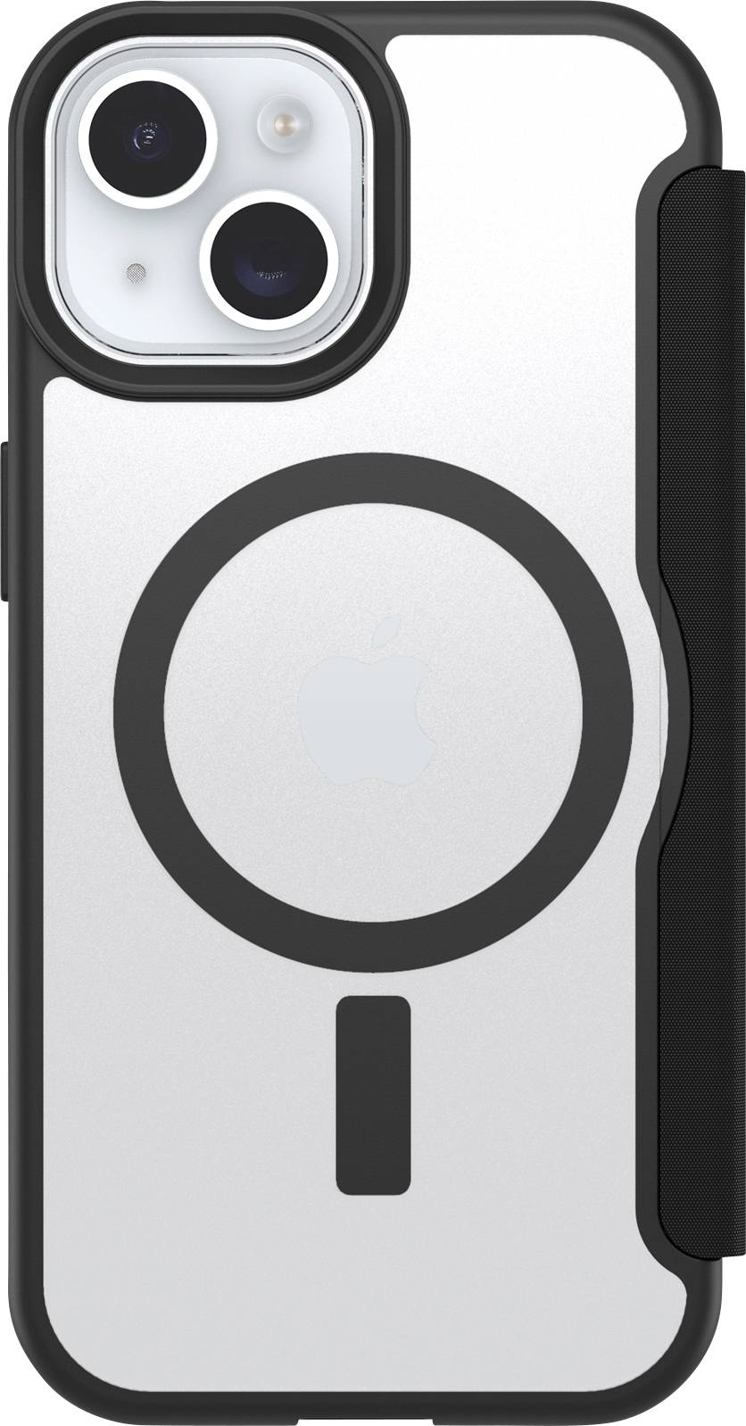 Smartphone s černostříbrným ochranným krytem, zobrazeno zezadu s fotoaparátem a MagSafe kroužkem.