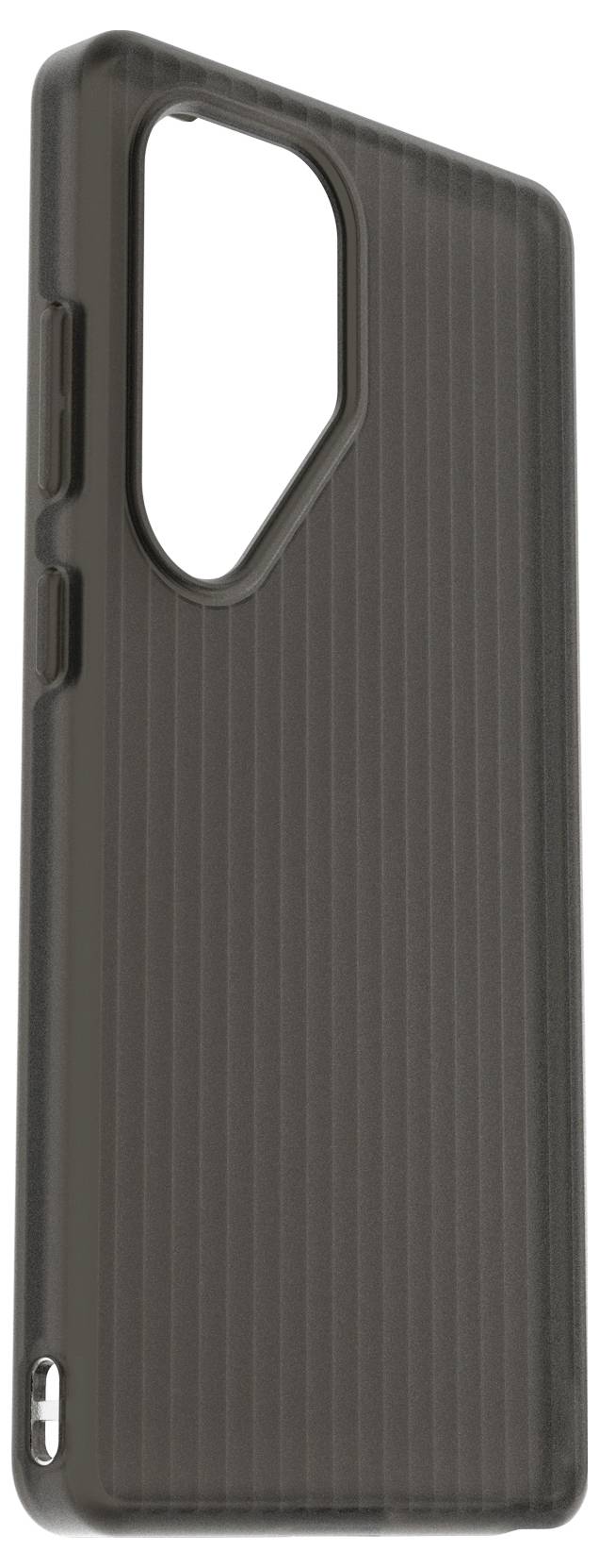 Tmavý, vzorovaný plastový kryt na mobilní telefon, obdélníkového tvaru s otvory pro fotoaparát a tlačítka, umístěný na bílém pozadí.