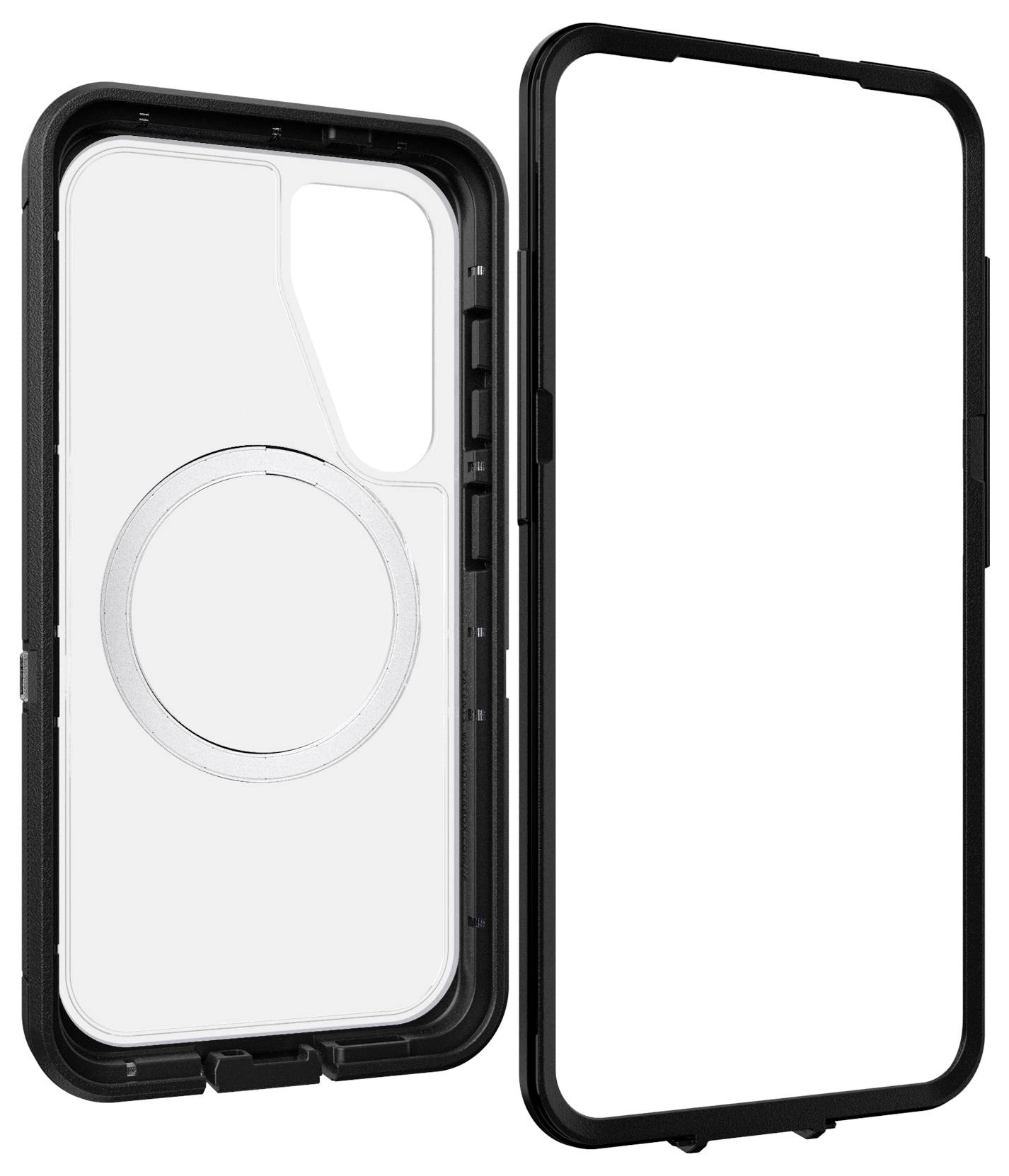 Průhledný kryt na mobilní telefon s magnetickým kroužkem a černým rámečkem, vhodný pro smartphone. Kryt zobrazuje přední a zadní stranu.