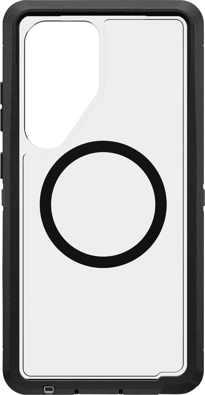 Obal na telefon s kruhovým MagSafe prvkem podporujícím bezdrátové nabíjení. Design v černobílé barevnosti s průhlednou zadní stranou.