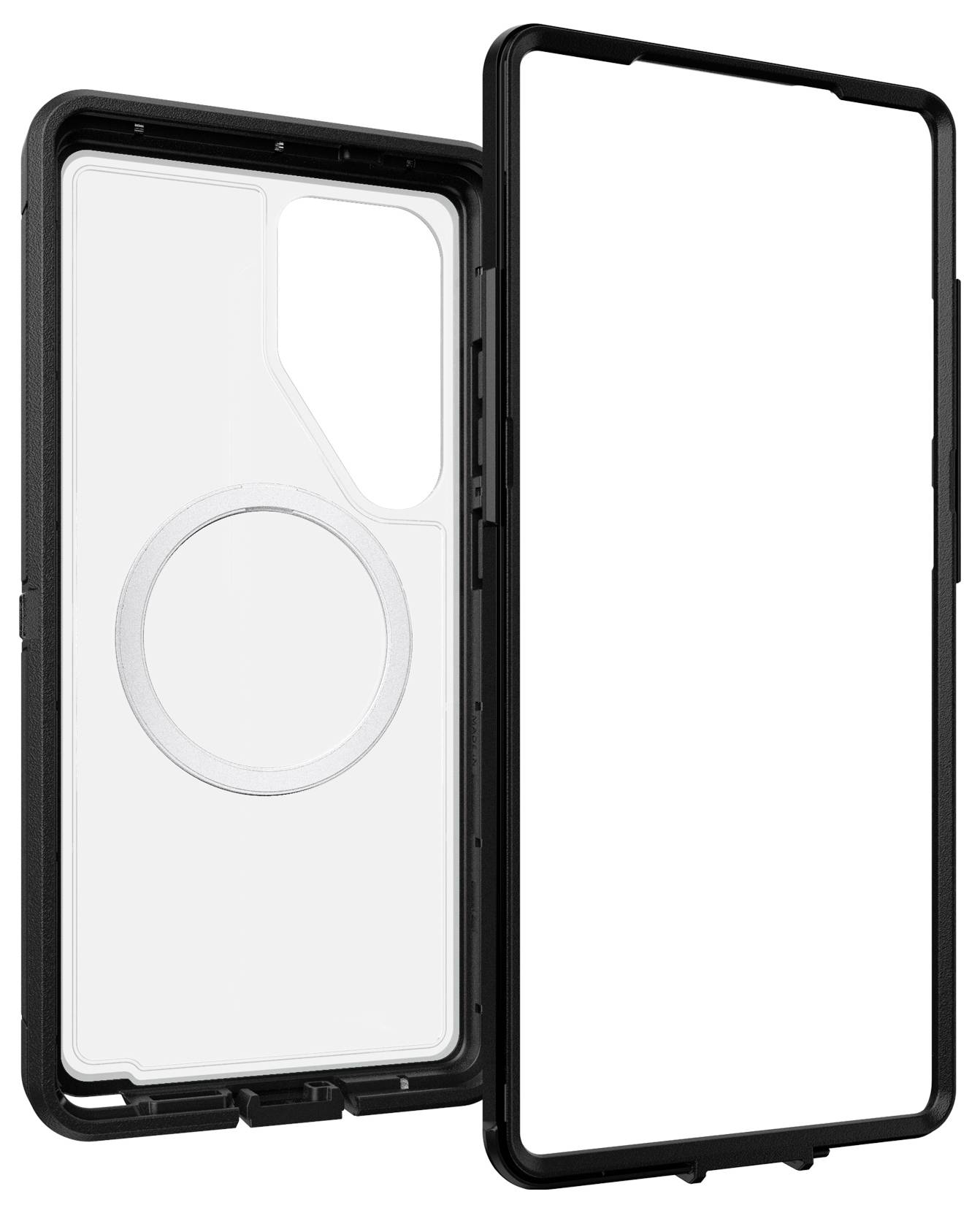 Černý mobilní kryt s magnetickým kroužkem a průhlednou zadní částí, vhodný pro smartphone.