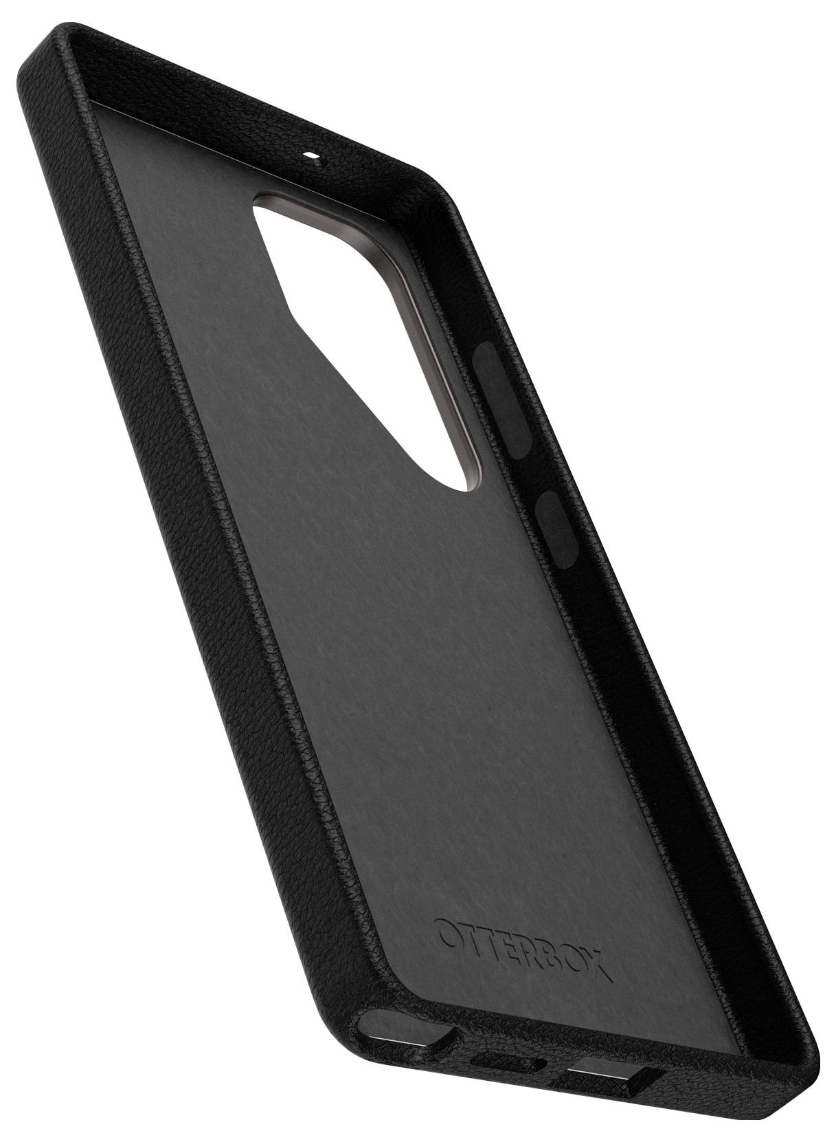 Černý plastový obal na smartphone s výřezem pro fotoaparát. Robustní a jednoduchý design. Značka 'Otterbox' na zadní straně.