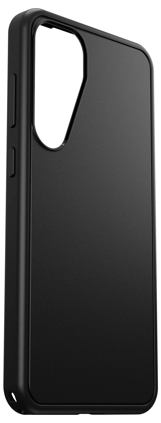 Černý ochranný kryt na smartphone s výřezem pro fotoaparát, jednoduchý design, postranní tlačítka snadno dostupná.