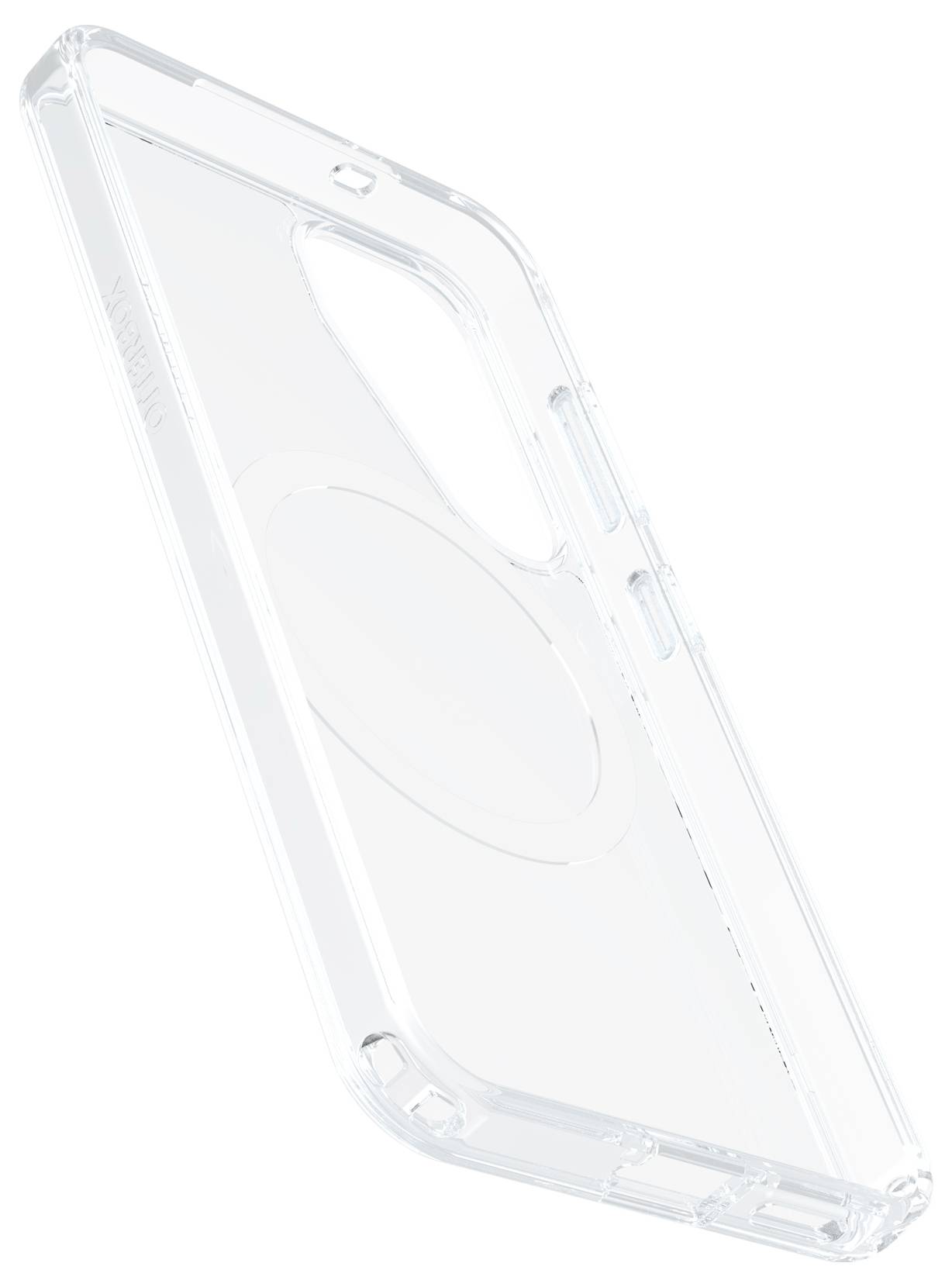 Průhledný plastový kryt na smartphone, mírně šikmo zobrazený, ukazuje čirou strukturu a boční tlačítka.