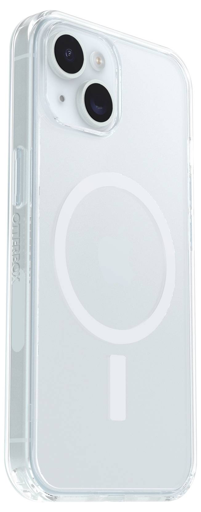 Smartphone s průhledným tělem, vzadu jsou viditelné dva fotoaparáty, ukazuje kulatou magnetickou oblast pro bezdrátové nabíjení.