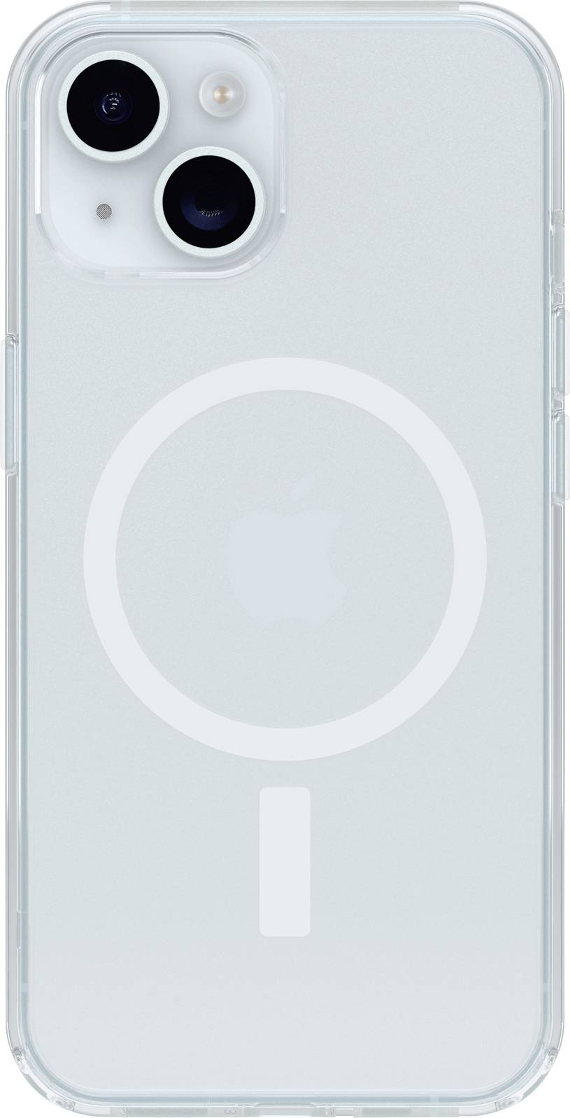 Průhledný obal na smartphone s kruhovým symbolem na zadní straně, obklopujícím logo.