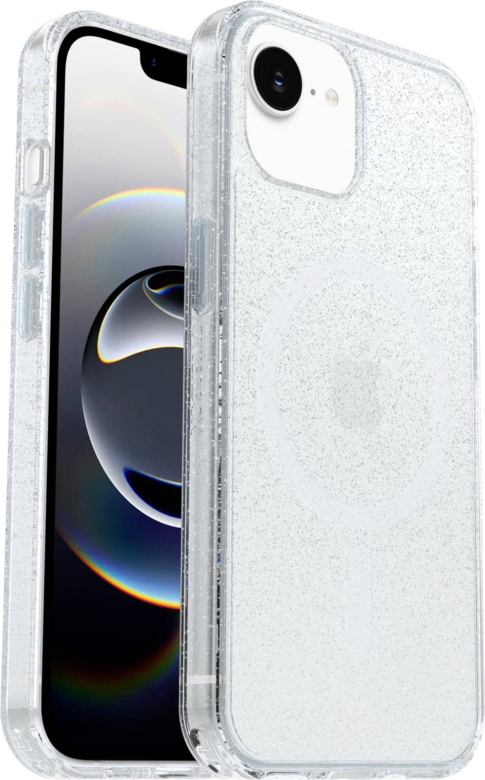 Čirý kryt telefonu se třpytkami zobrazený na iPhonu, pohled zepředu a zezadu, zdůrazňující ochranný průhledný design.