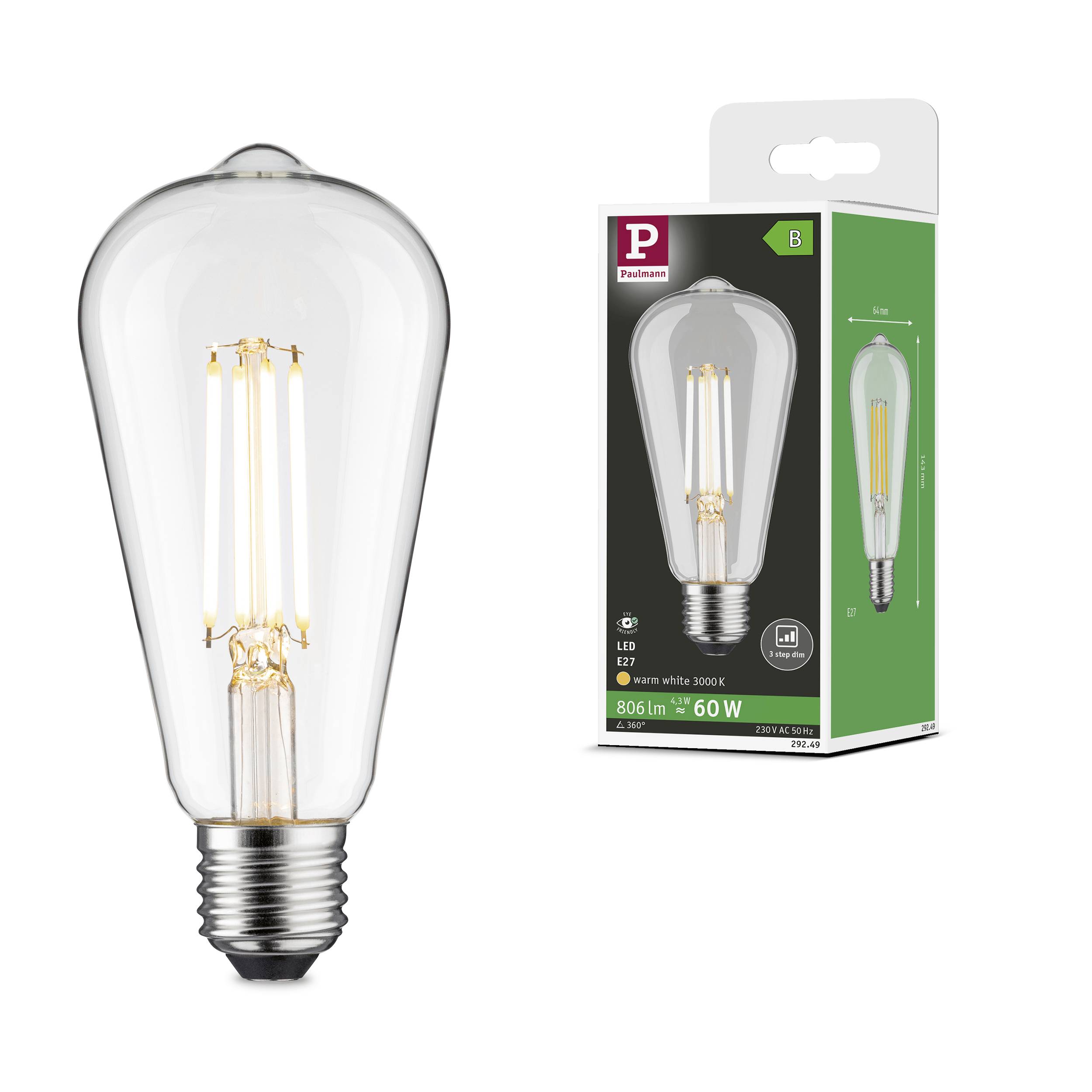 LED žárovka s paticí E27 a 806 lumeny, teplé bílé světlo, náhrada za 60W, balení v pozadí.