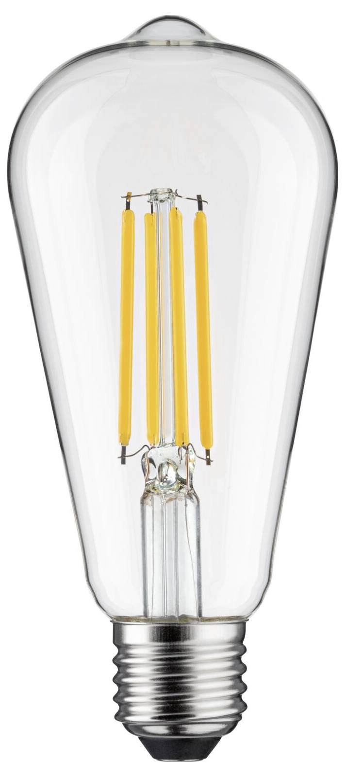 LED žárovka s viditelnými vlákny v průhledném skleněném obalu, která napodobuje tradiční žárovku.
