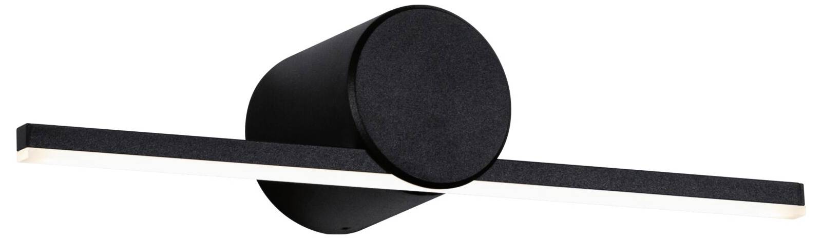 Černá válcová nástěnná lampa s horizontálním, obdélníkovým světelným pásem. Moderní design a minimalistická estetika.
