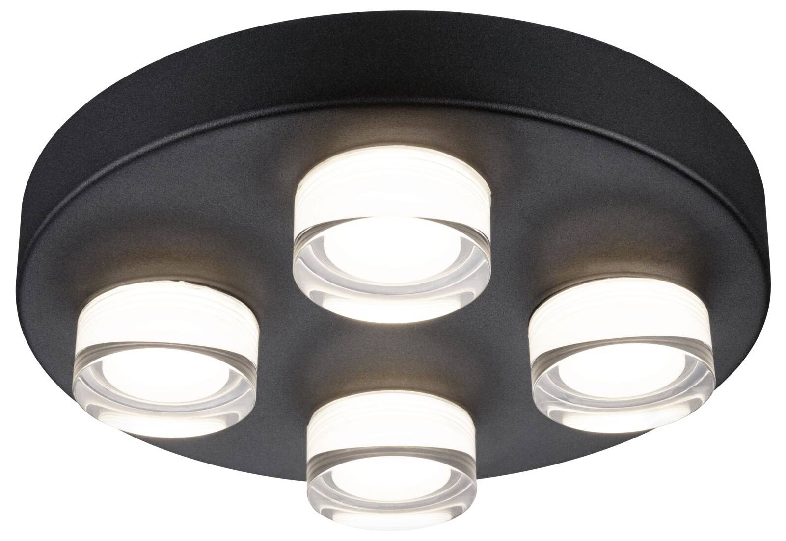 Kulaté stropní svítidlo se čtyřmi válcovitými LED žárovkami zasazenými do černé kovové základny, které poskytuje rovnoměrné osvětlení.