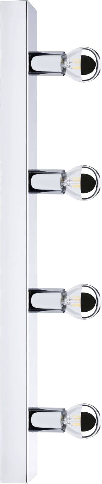 Čtyři horizontální stříbrné háčky s moderním designem upevněné na svislé liště. Ideální pro kabáty nebo tašky.