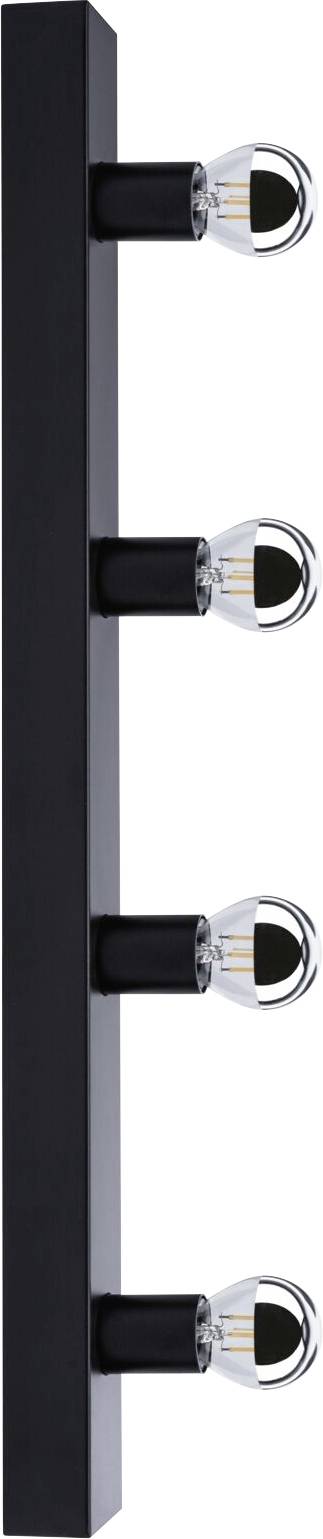 Černá, vertikální nástěnná lampa se čtyřmi světelnými zdroji v řadě. Jednoduché, moderní designové provedení.