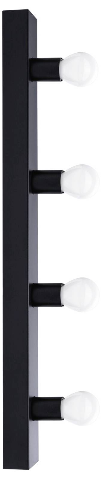 Vertikální černý nástěnný držák se čtyřmi rovnoměrně rozmístěnými bílými kulovitými žárovkami. Moderní design vhodný do interiéru.