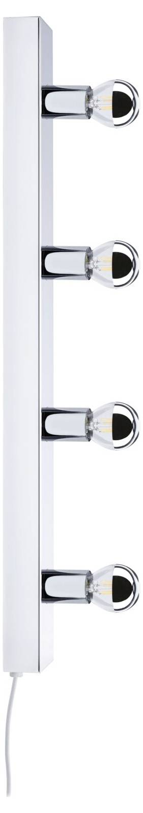 Čtyřramenná nástěnná lampa s moderním, chromově lesklým designem a viditelným elektrickým vedením, svisle orientovaná.