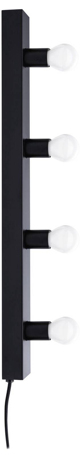 Vertikální černá lampa se čtyřmi bílými žárovkami umístěnými v pravidelných intervalech.